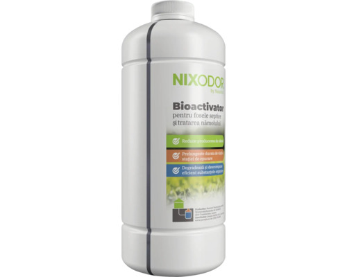 Bioactivator Nixodor pentru fose septice și tratarea nămolului, flacon cu aditivi biologici pentru descompunerea substanțelor organice.