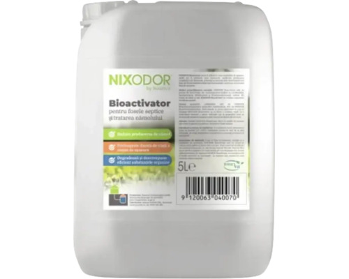 Bioactivator Nixodor pentru fose septice și tratarea nămolului într-un bidon de plastic de 5 litri.