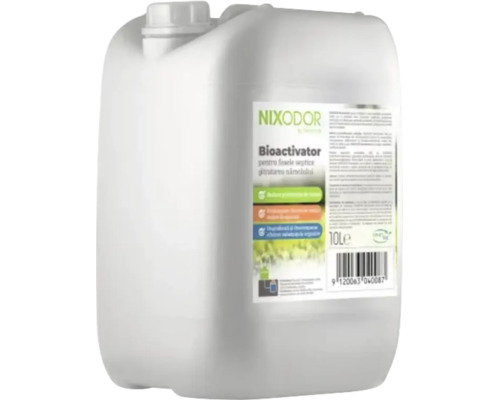 Bioactivator Nixodor pentru fose septice și tratarea nămolului, bidon alb din plastic de 10 litri.