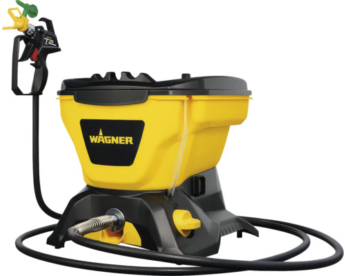 Sistem de pulverizat vopsea airless Wagner cu rezervor galben, carcasă neagră, furtun și pistol de pulverizare.