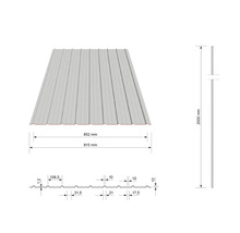 Profil trapezoidal cu dimensiuni: lungime 2000 milimetri, lățime totală 915 milimetri și lățime utilă 852 milimetri.