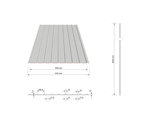 Profil trapezoidal cu dimensiuni: lungime 2000 milimetri, lățime totală 915 milimetri și lățime utilă 852 milimetri.