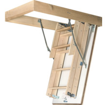 Scară de pod pliabilă din lemn cu cadru din lemn și arcuri metalice pentru accesul în pod.