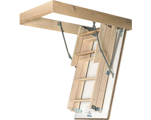 Scară de mansardă din lemn din trei părți cu capac alb și feronerie metalică în cadru de lemn.