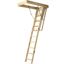 Scară de mansardă din lemn cu cadru din lemn și feronerie metalică în stare extinsă.