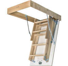 Scară de mansardă pliabilă din lemn cu arc metalic și cadru de încastrare.