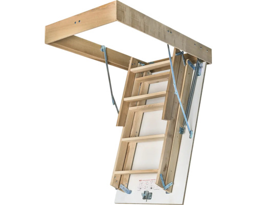 Scară de mansardă pliabilă din lemn cu arc metalic și cadru de încastrare.