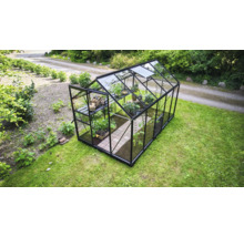 Seră modernă cu cadru din aluminiu negru și pereți din sticlă în grădină, dotată cu rafturi și plante.