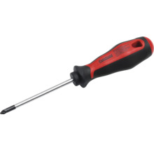 Șurubelniță în cruce Pattfield cu mâner ergonomic roșu-negru și tijă cromată.