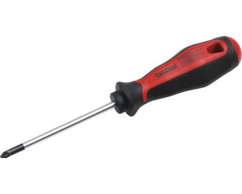 Șurubelniță în cruce Pattfield cu mâner ergonomic roșu-negru și tijă cromată.