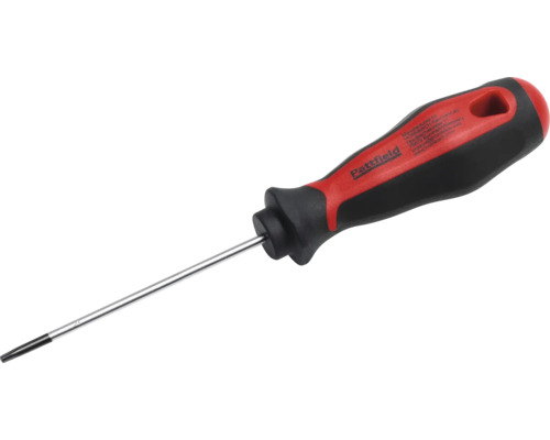 Șurubelniță Pattfield cu mâner ergonomic din două componente în roșu și negru și lamă lungă din oțel.