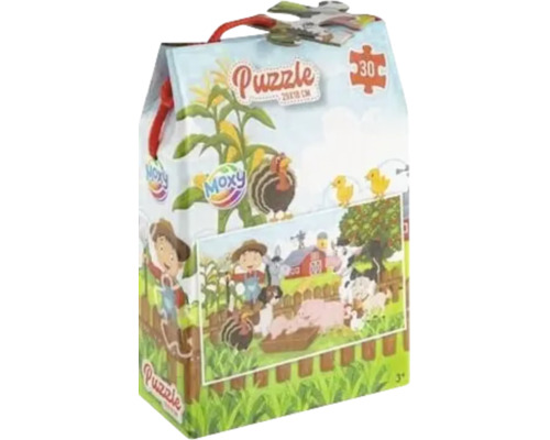 Puzzle Moxy cu tematică fermă, 30 de piese, aproximativ 29 pe 18 centimetri.