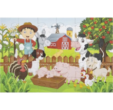 Puzzle pentru copii cu o scenă de fermă, înfățișând un fermier, diverse animale de fermă, un hambar și un măr.
