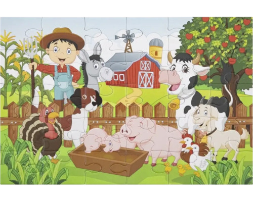 Puzzle pentru copii cu o scenă de fermă, înfățișând un fermier, diverse animale de fermă, un hambar și un măr.
