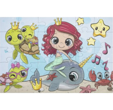 Puzzle pentru copii cu o sirenă, un narval, țestoase și un crab într-o lume subacvatică.