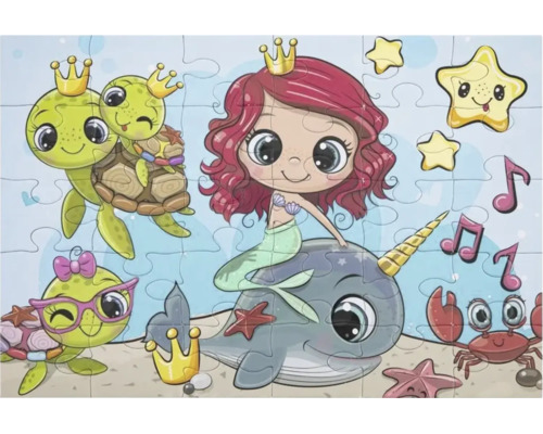 Puzzle pentru copii cu o sirenă, un narval, țestoase și un crab într-o lume subacvatică.