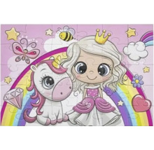 Puzzle pentru copii cu o prințesă și un unicorn în fața unui curcubeu cu fluture, albină și stele.