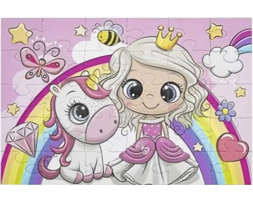 Puzzle pentru copii cu o prințesă și un unicorn în fața unui curcubeu cu fluture, albină și stele.