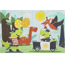 Puzzle pentru copii cu dinozauri în rol de pirat și polițist în mașină de poliție și un dinozaur zburător pe un fundal cu soare și ouă.