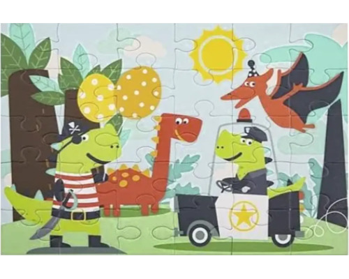 Puzzle pentru copii cu dinozauri în rol de pirat și polițist în mașină de poliție și un dinozaur zburător pe un fundal cu soare și ouă.