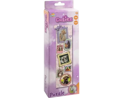 Puzzle Cutiez cu 48 de piese, reprezentând diverse pui de animale în rame, adecvat pentru copii începând cu vârsta de 3 ani.