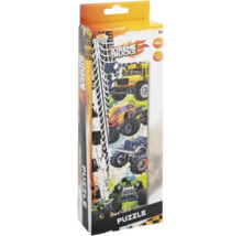 Puzzle Xtreme Trucks cu 48 de piese pentru copii de peste 3 ani, prezentând diverse monster trucks și un autobuz școlar.