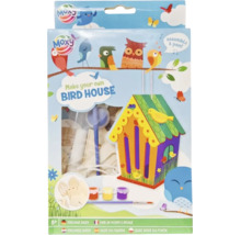 Set creativ Moxy pentru construit căsuță de păsări cu piese din lemn, culori și pensulă pentru copii peste cinci ani.