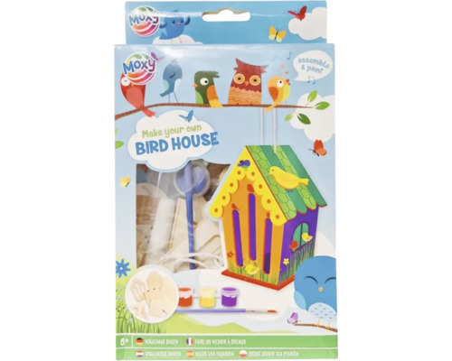 Set creativ Moxy pentru construit căsuță de păsări cu piese din lemn, culori și pensulă pentru copii peste cinci ani.