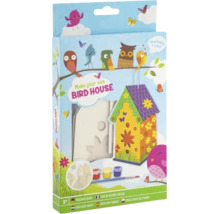 Set creativ pentru construirea unei căsuțe de păsări pentru copii, include piese din lemn, vopsele și pensulă.