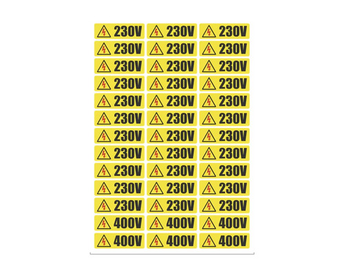 Foaie cu etichete de avertizare electrică pentru 230 volți și 400 volți.