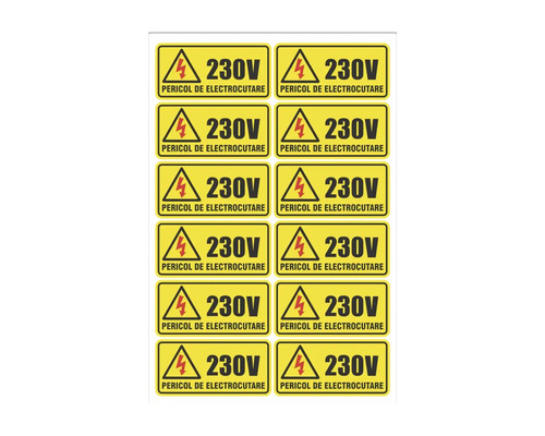 Stickere de avertizare 230 Volt, avertizare tensiune electrică, pericol de electrocutare.