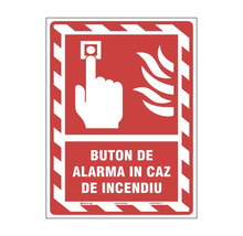 Indicator buton de alarmă în caz de incendiu cu simboluri pentru acționare manuală și foc.