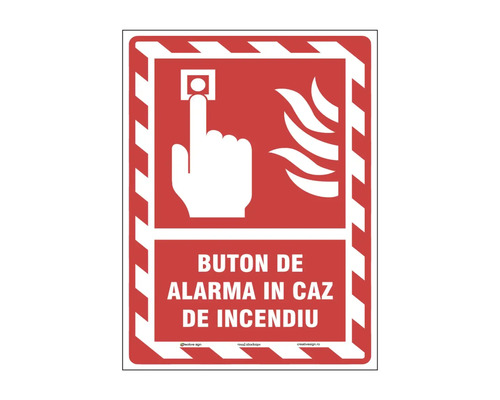 Indicator buton de alarmă în caz de incendiu cu simboluri pentru acționare manuală și foc.