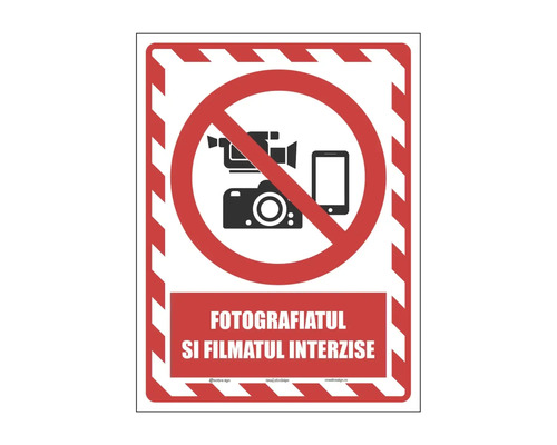 Panou de interzicere cu simboluri pentru aparatul foto, camera video și smartphone, text Fotografiatul și filmatul interzise.
