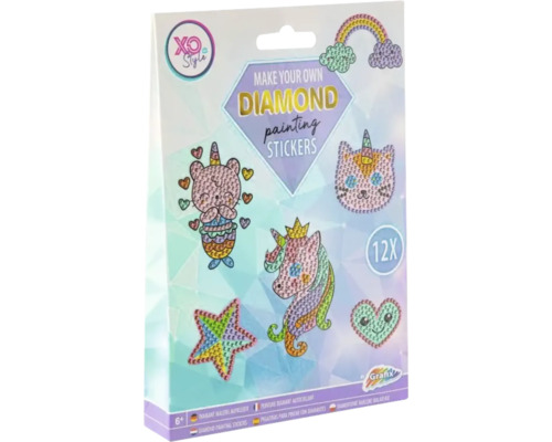 Set autocolante Diamond Painting XO Style pentru copii de la șase ani cu douăsprezece motive ca unicornii, XO Style Logo, Grafix Logo.