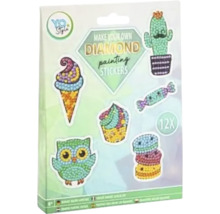Set de autocolante Diamond Painting YO Style pentru copii peste 6 ani cu 12 motive diferite, cum ar fi bufniță, înghețată și cactus.