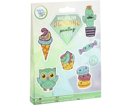 Set de autocolante Diamond Painting YO Style pentru copii peste 6 ani cu 12 motive diferite, cum ar fi bufniță, înghețată și cactus.