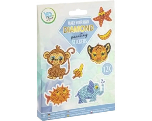 Set de stickere Diamond Painting YO Style pentru copii cu douăsprezece motive diferite de animale pentru activități creative.