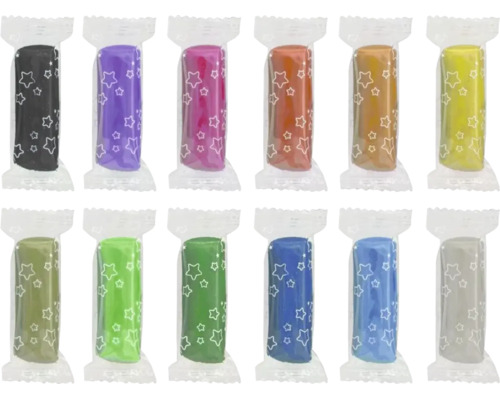 Douăsprezece role de plastilină ambalate individual în diverse culori cu model cu stele albe.
