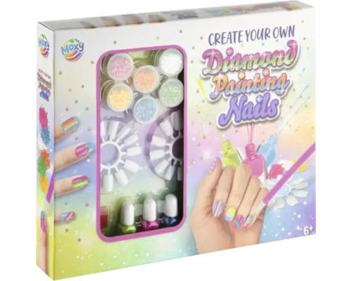 Set de creație Moxy Diamond Painting pentru unghii cu lac de unghii, unghii false și pietre strălucitoare pentru copii peste șase ani.