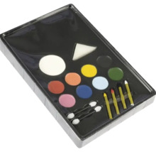 Set de machiaj cu diverse culori, burete, aplicatoare și creioane de machiaj într-o paletă de plastic.