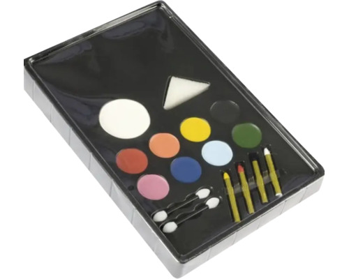Set de machiaj cu diverse culori, burete, aplicatoare și creioane de machiaj într-o paletă de plastic.