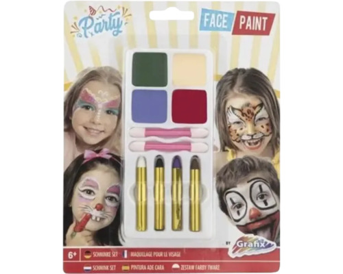 Set de machiaj Party Face Paint cu patru culori, două aplicatoare și patru creioane pentru copii de peste șase ani, Grafix Logo.
