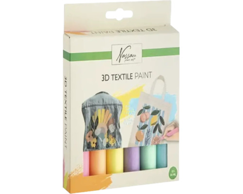 Set de șase flacoane de 30 mililitri de vopsea textilă 3D Nassau Fine Art pentru decorarea creativă a hainelor și sacoșelor.