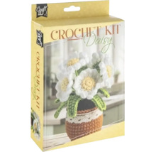 Craft ID Logo. Set de croșetat pentru margarete într-un ambalaj cu imaginea unei flori croșetate în ghiveci.