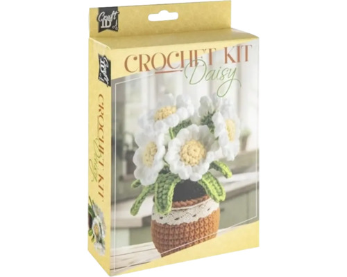 Craft ID Logo. Set de croșetat pentru margarete într-un ambalaj cu imaginea unei flori croșetate în ghiveci.