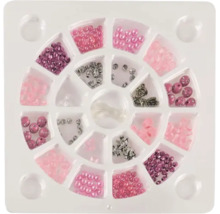 Set de mărgele în cutie din plastic cu diverse mărgele în roz, violet și argintiu.