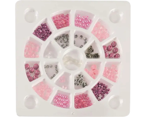 Set de mărgele în cutie din plastic cu diverse mărgele în roz, violet și argintiu.