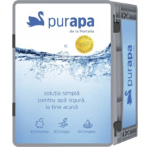 Logo Purapa de la Portalia pe un sistem de filtrare a apei în cutie gri cu sigiliu pentru calitate testată și filtrare ecologică.