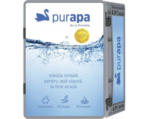Logo Purapa de la Portalia pe un sistem de filtrare a apei în cutie gri cu sigiliu pentru calitate testată și filtrare ecologică.